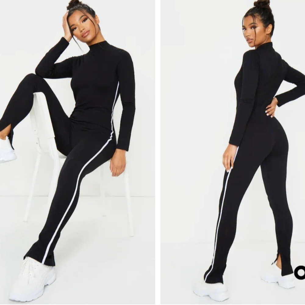 PRETTYLITTLETHING Black Sports Stripe High Neck Jumpsuit